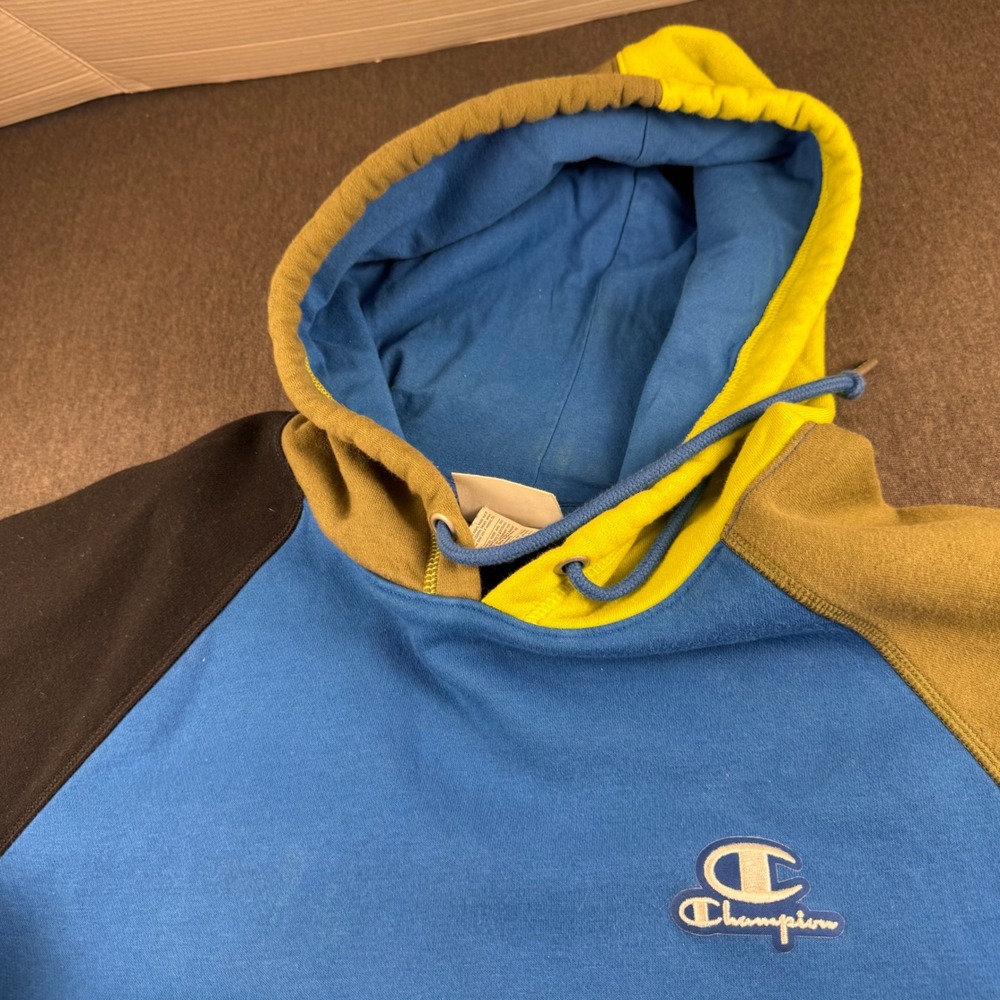 Champion Classic Fleece Colorblock Hoodie Mens Medium Blue Black Yellow Olive